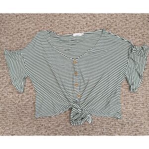 Lush Cropped Top Stripe Belle Sleeve Button Up V-Neck Knot‎ Front Multicolor S